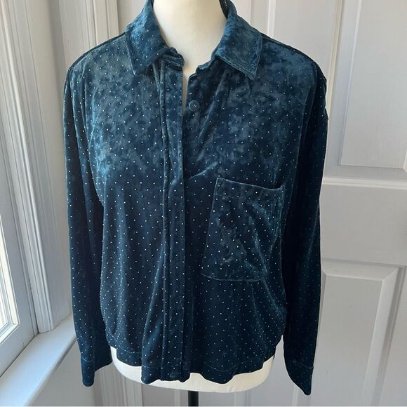 Something Navy Stud Velvet Shirt Jacket Size Medium - Picture 2 of 6